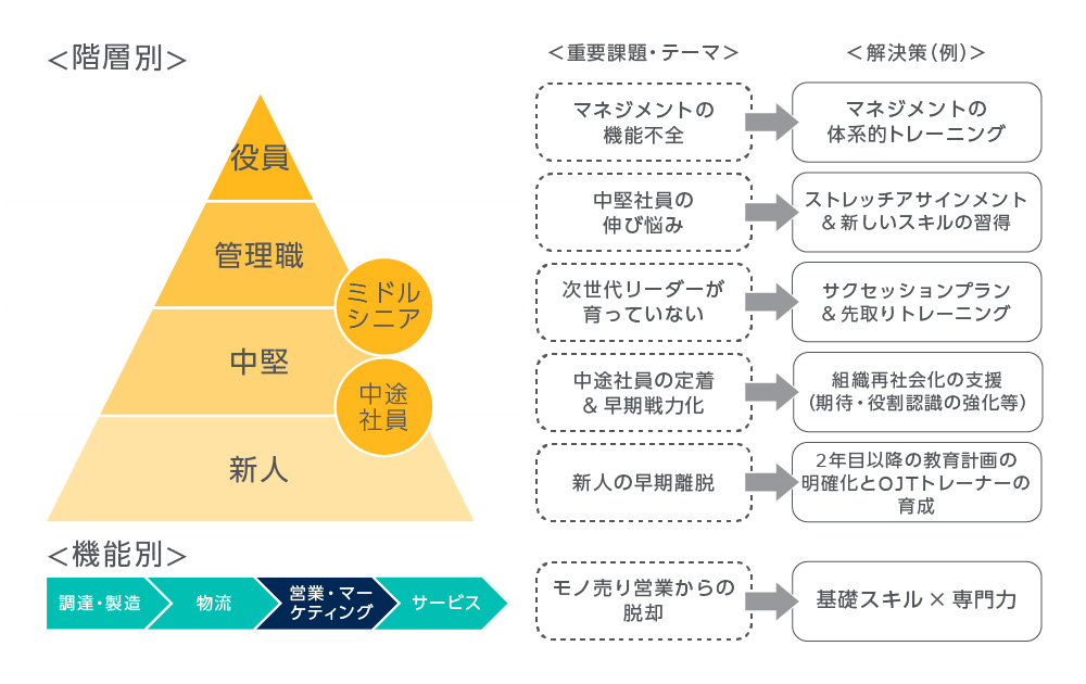 企業における知識・人材の階層別・機能別重要課題