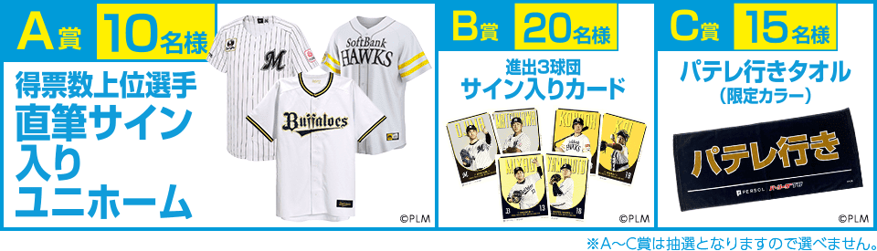 A賞10名様　得票数上位選手直筆サイン入りユニホーム/B賞20名様 進出3球団サイン入りカード/C賞15名様 パテレ行きタオル（限定カラー）