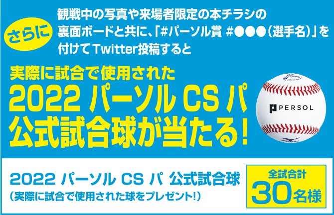 さらに観戦中の写真や来場者限定の本チラシの裏面ボードと共に、「♯パーソル賞 ♯●●●（選手名）」を付けてTwitter投稿すると実際に試合で使用された 2022 パーソル CS パ 公式試合球が当たる！　2022 パーソル CS パ 公式試合球（実際に試合で使用された球をプレゼント！）　全試合計30名様